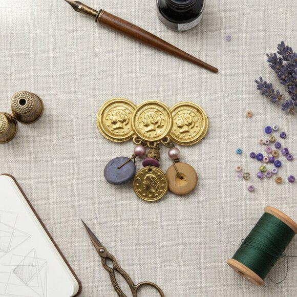 "Triumvirate" Medallion Brooch - Antiqued Gold & Artful Dangles - Picture 2 of 5